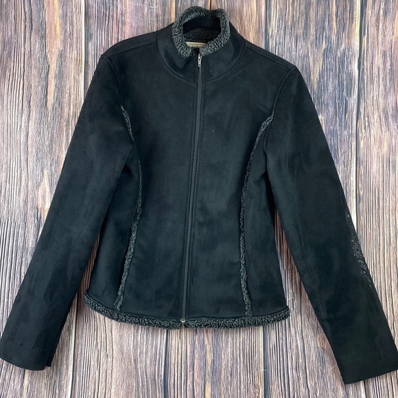 LL Bean Black Faux Suede Shearling Jacket- Size Medium - Picture 1 of 13